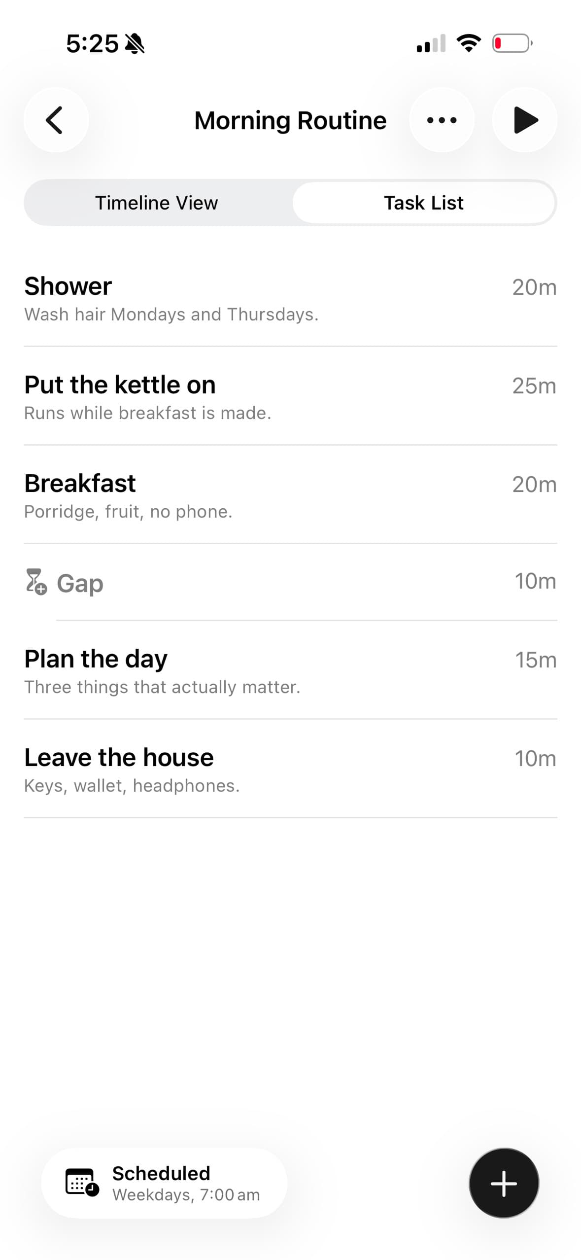 The task list for a plan called Morning Routine, with a duration beside each task