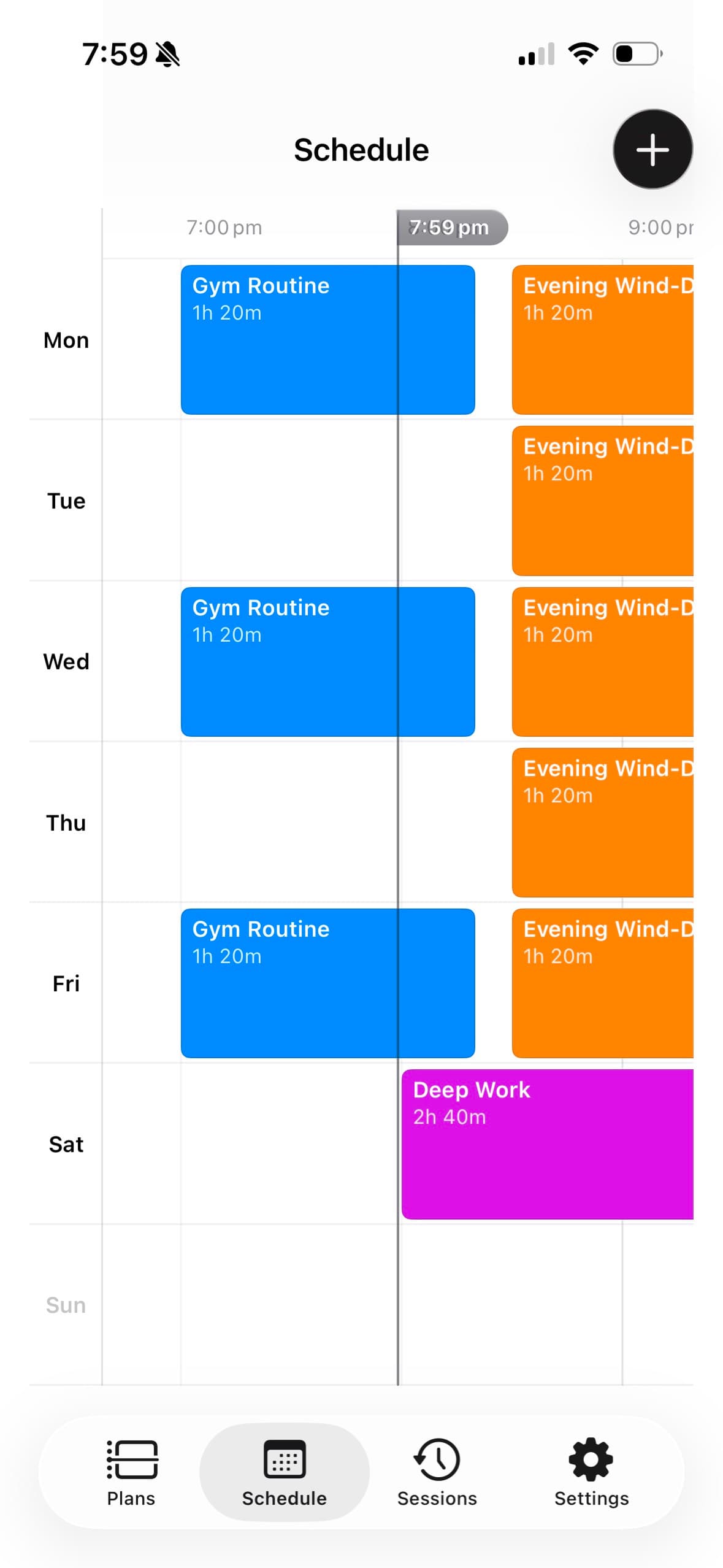 A week view with scheduled plans laid out from Monday to Sunday