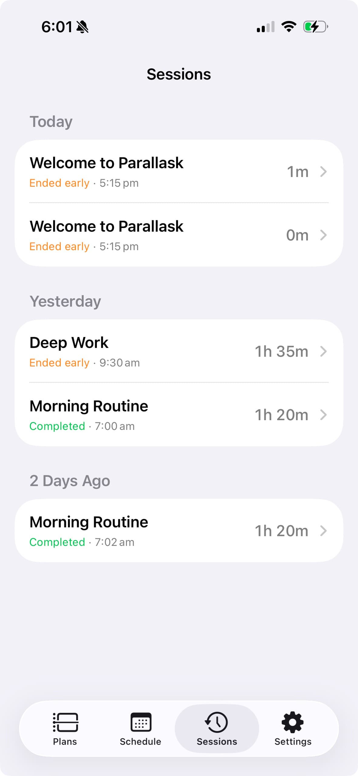 The sessions list, grouped by day, showing how long each run took and whether it completed