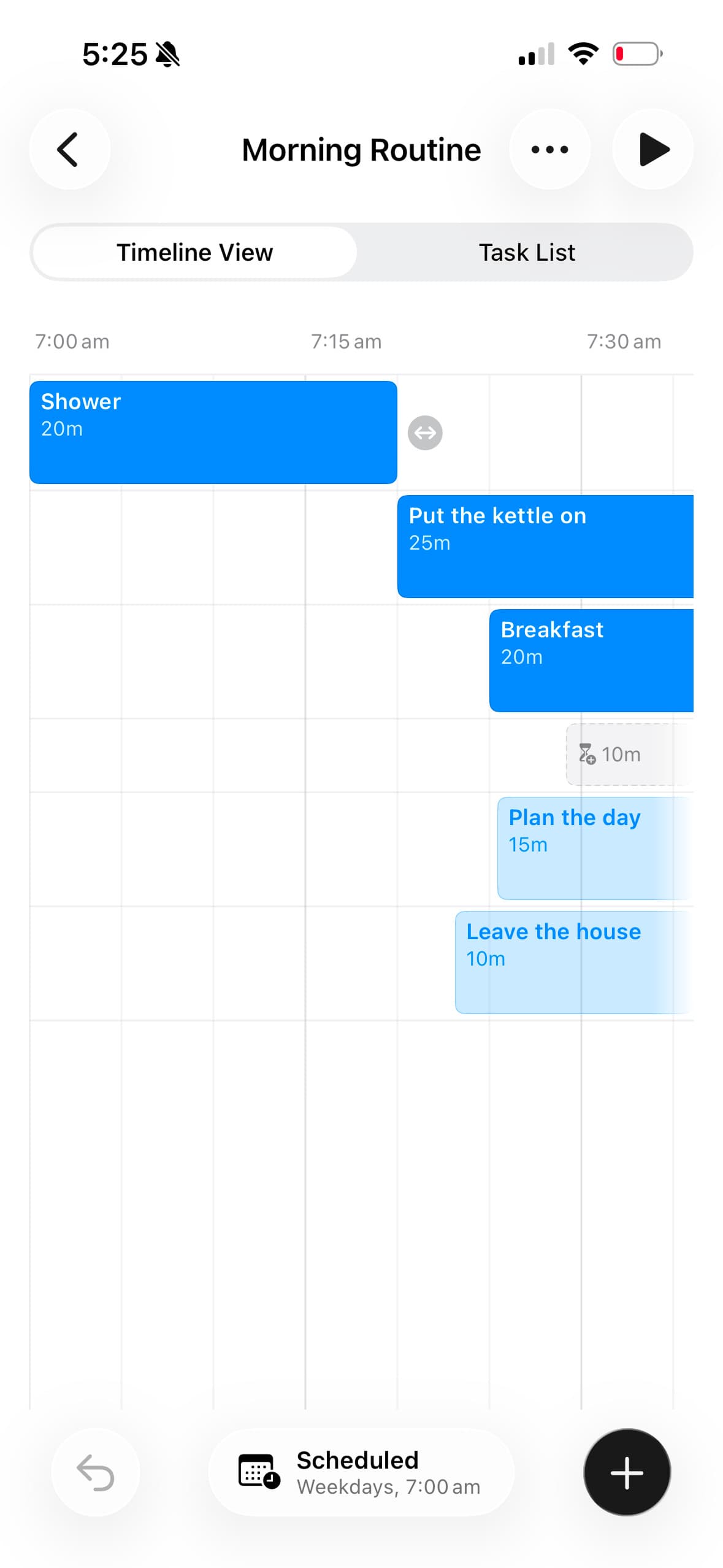 The timeline view, with task bars overlapping so they run at the same time